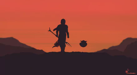 HD PC desktop wallpaper featuring a silhouette of The Mandalorian and Grogu against a vibrant orange sunset, inspired by the TV show The Mandalorian.