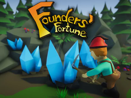 HD desktop wallpaper featuring the logo of Founders' Fortune with a stylized character and blue crystals.