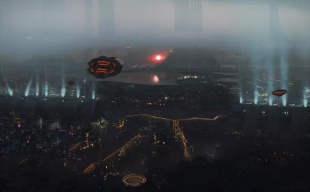 HD desktop wallpaper featuring a sci-fi cityscape with futuristic buildings, neon lights, and flying vehicles.