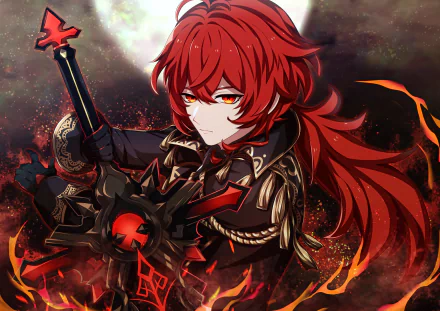 HD desktop wallpaper featuring Diluc from the video game Genshin Impact, showcasing the character's intense expression and fiery elements in the background.