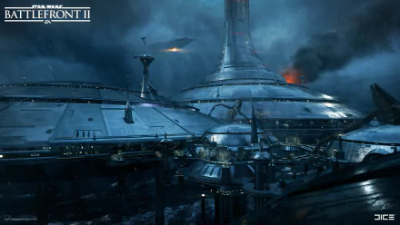 HD wallpaper featuring the rainy Kamino scene from Star Wars Battlefront II (2017) with towering structures and ships.
