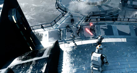 HD desktop wallpaper from Star Wars Battlefront II featuring a battle scene on the planet Kamino.