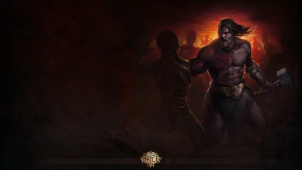 HD desktop wallpaper of Path of Exile featuring a muscular character ready for combat against a backdrop of fiery tones.