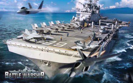 HD desktop wallpaper featuring an aircraft carrier from Battle Warship: Naval Empire game with jets flying overhead.