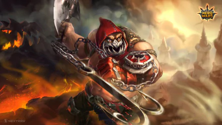 HD wallpaper featuring a Hero Wars character wielding a chain weapon against a fiery backdrop.