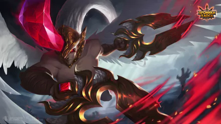 HD desktop wallpaper of a Hero Wars character in dynamic combat pose with a crystal background.
