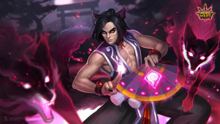HD desktop wallpaper from Hero Wars, featuring a stylized character wielding magical energy with spectral wolves in the background.