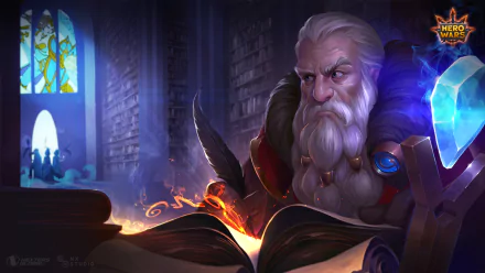 HD wallpaper of a bearded Hero Wars character reading a magical book with glowing runes, set against a castle library backdrop.