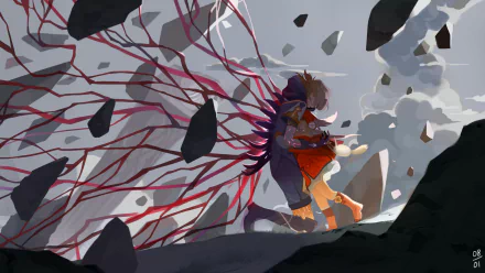 HD desktop wallpaper featuring Klee from Genshin Impact, dynamically positioned amidst a storm of magical energy and debris.