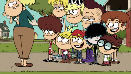 HD desktop wallpaper featuring characters from 'The Loud House' in front of their home.