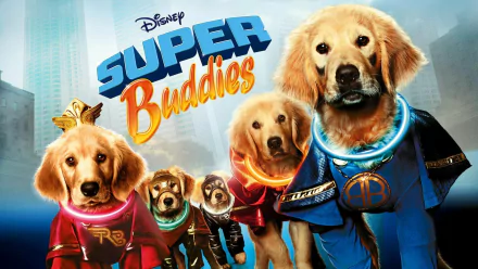 HD desktop wallpaper of Disney's Super Buddies, featuring dressed-up golden retrievers as superhero characters.