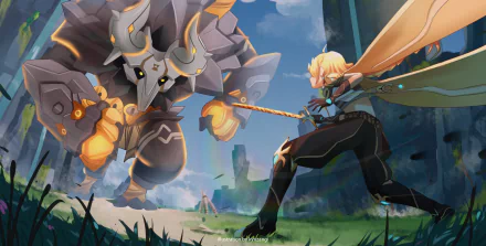 HD PC desktop wallpaper featuring Aether from the video game Genshin Impact in a dynamic battle scene against a large mechanical enemy.