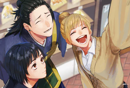 HD anime wallpaper featuring Jujutsu Kaisen characters Nanako, Mimiko, and Suguru Geto smiling and taking a selfie together.
