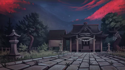 Anime-style Touhou night scenery of a shrine courtyard under a crimson sky, detailed 4K Ultra HD PC desktop wallpaper.