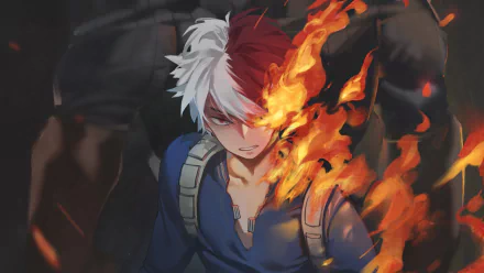 4K Ultra HD anime wallpaper featuring Shoto Todoroki from My Hero Academia with his iconic fiery right side and icy left side.