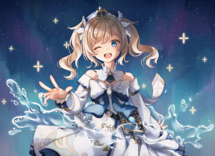 HD PC desktop wallpaper featuring Barbara from the video game Genshin Impact, surrounded by sparkling stars and water effects.