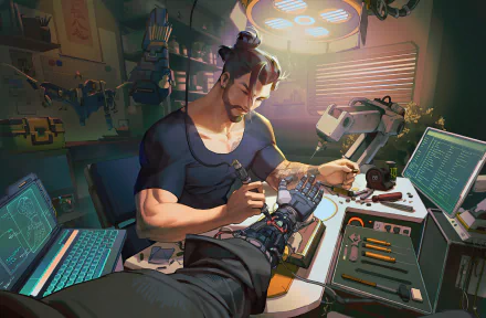 Hanzo from Overwatch is depicted in a detailed 4K Ultra HD PC desktop wallpaper, focused on repairing a mechanical arm in a high-tech workshop.