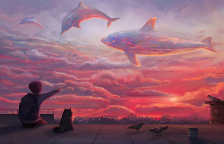 A child and a cat watch giant dolphins swimming through vibrant sunset clouds in this 4K Ultra HD fantasy sky desktop wallpaper.