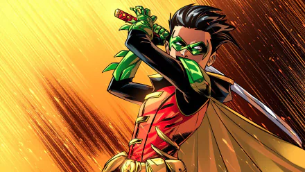 Damian Wayne as Robin from DC Comics with black hair, in a dynamic pose against a vibrant orange background, rendered in 4K Ultra HD for PC desktop wallpaper.