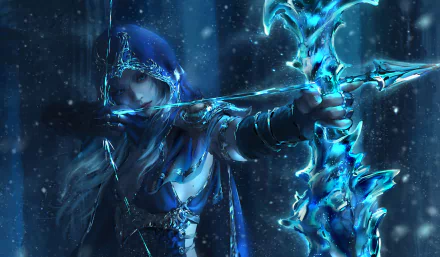 HD wallpaper of Ashe, a woman warrior from League of Legends, aiming her glowing blue bow and arrow amidst a snowy setting.