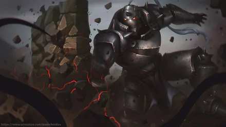 HD PC desktop wallpaper of Alphonse Elric from the anime Fullmetal Alchemist, showcasing his armored form amidst a dark, rubble-filled background with glowing red cracks.