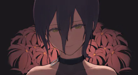 HD anime desktop wallpaper featuring Reze from Chainsaw Man, with a dark background and red flowers framing the character's face.