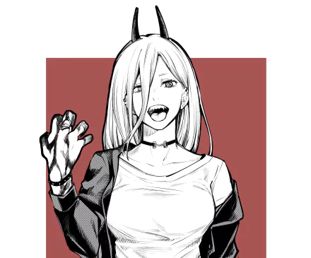 HD desktop wallpaper featuring Power from the anime Chainsaw Man. Power is depicted in black and white with a red background, giving a striking contrast.