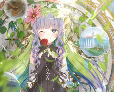 Ames from Princess Connect! Re:Dive in detailed anime style, holding a rose with soft floral and architectural HD desktop wallpaper background.