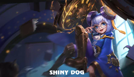 Anime girl with purple hair and glasses smiles beside a glowing fantasy clock in a vibrant HD desktop wallpaper background.