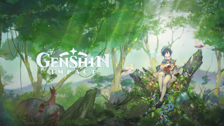 HD PC desktop wallpaper featuring Venti from the video game Genshin Impact, sitting on a tree stump in a lush, sunlit forest with deer nearby.