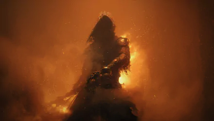 HD fantasy warrior portrait with fiery, smoky background, featuring a dark armored figure in a dramatic, intense scene for a striking PC desktop wallpaper.