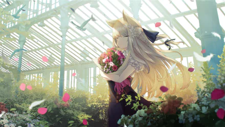 Anime girl with long white hair and animal ears, wearing a dark dress and holding a bouquet of flowers in a sunlit greenhouse. HD desktop wallpaper and background.