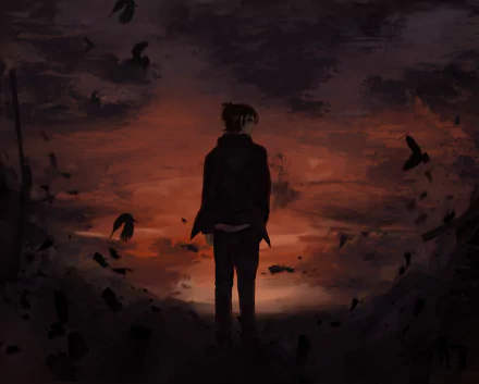 HD desktop wallpaper of Eren Yeager from the anime Attack on Titan, facing a dramatic, dark sky with crows flying around, set against a fiery sunset background.