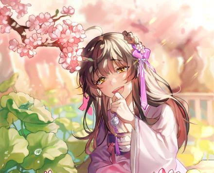 HD anime desktop wallpaper featuring Jiang Yanli from Mo Dao Zu Shi, surrounded by blooming cherry blossoms and soft, warm lighting.
