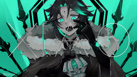 HD desktop wallpaper featuring Xiao, a character from the video game Genshin Impact. The vibrant image highlights Xiao's striking features and dynamic design, with bold colors and intricate details.