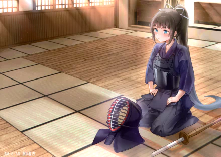 ponytail long hair japanese clothes brown hair aqua eyes Anime girl anime girl HD Desktop Wallpaper | Background Image