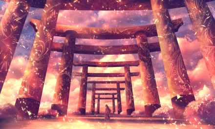 Anime-style HD desktop wallpaper featuring a lone figure in a kimono walking through a glowing torii gate pathway at a shrine under a vibrant, magical sky.