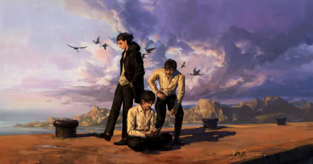 HD desktop wallpaper featuring Eren Yeager from Attack on Titan, set against a dramatic sky with mountains in the background and birds flying overhead.