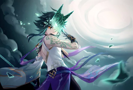 HD desktop wallpaper featuring Xiao from Genshin Impact, a popular video game. Xiao is depicted with a mystical background, accentuating his intense and ethereal presence.