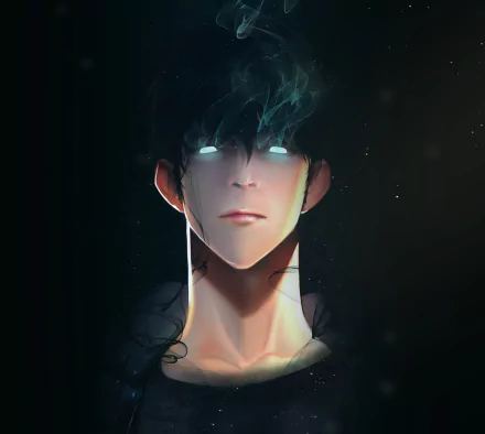 HD anime wallpaper of Sung Jin-Woo from Solo Leveling, featuring his glowing eyes and dark, intense aura.