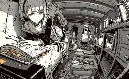 HD anime desktop wallpaper featuring a short-haired anime girl dressed as a maid in a detailed, monochrome indoor setting.