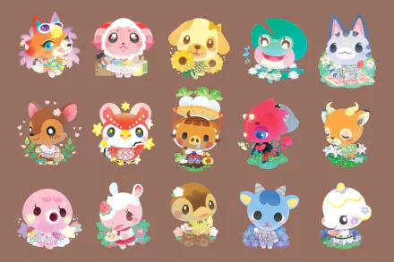 HD wallpaper of Animal Crossing: New Horizons characters, including Merengue and Zucker, on a brown background.