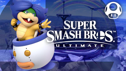 HD wallpaper of Ludwig von Koopa from Super Smash Bros. Ultimate with game logo and colorful background.