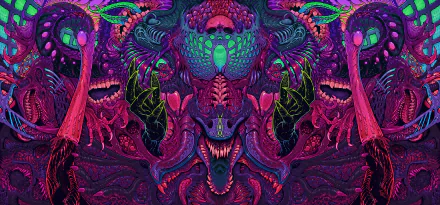 Psychedelic dark monster with vibrant neon colors and intricate details, creating a striking Phonk-inspired HD PC desktop wallpaper background.