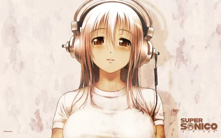 HD anime wallpaper of Super Sonico wearing large headphones, with a neutral expression and soft background, capturing a music-themed aesthetic.