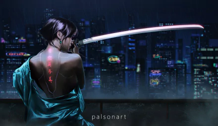 A cyberpunk woman warrior stands at night overlooking a futuristic sci-fi city, with a glowing katana and neon tattoos, in this HD PC desktop wallpaper.