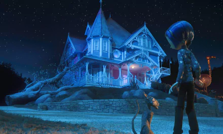 HD PC desktop wallpaper featuring a scene from the movie Coraline, depicting Coraline and her cat gazing at the eerie, glowing Victorian house under a starry night sky.