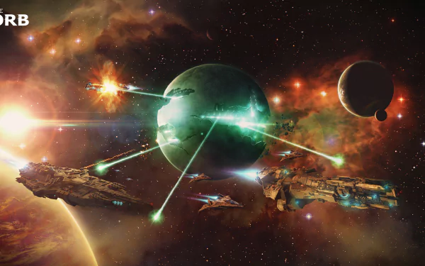 4K Ultra HD PC desktop wallpaper: Sci‑Fi space battle — dreadnaughts and starfighters trade green laser fire above a nebula-lit starfield and cracked planet.