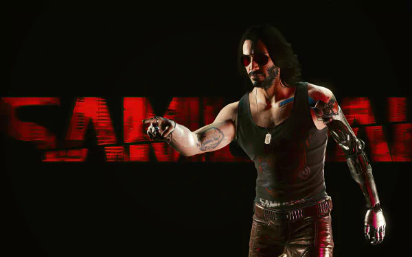 4K Ultra HD Cyberpunk 2077 PC wallpaper featuring Johnny Silverhand, portrayed by Keanu Reeves, standing with a cybernetic arm against a dark, red-accented background.