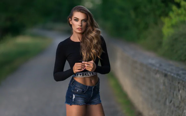 shorts depth of field long hair brunette woman model HD Desktop Wallpaper | Background Image
